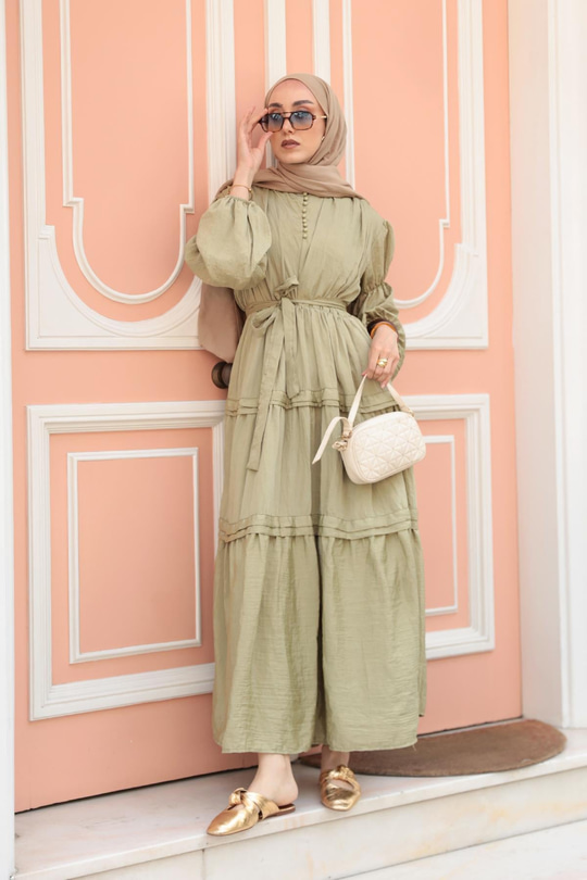 Kolu Lastik Detaylı Elbise Küf Yeşil