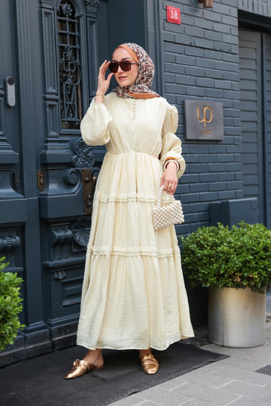 Kolu Lastik Detaylı Elbise  Sarı