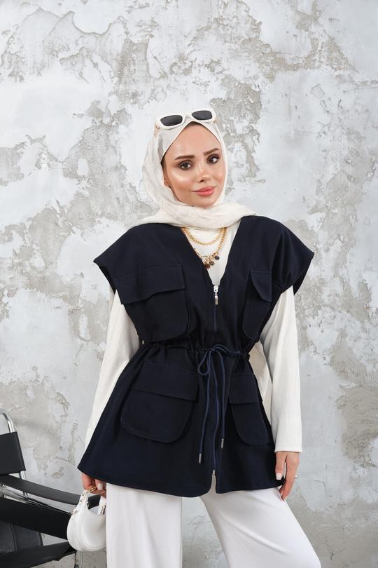 Kordon Detay Gabardin Bel Bağlamalı Yelek Lacivert