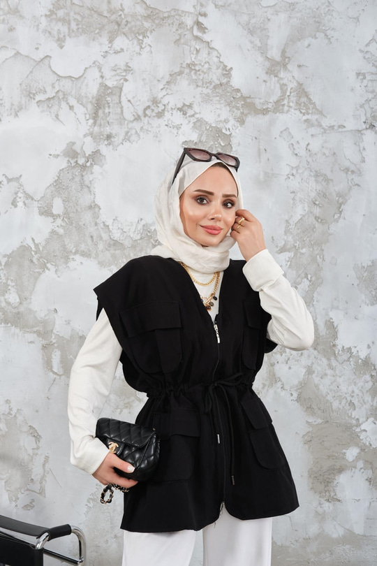 Kordon Detay Gabardin Bel Bağlamalı Yelek Siyah