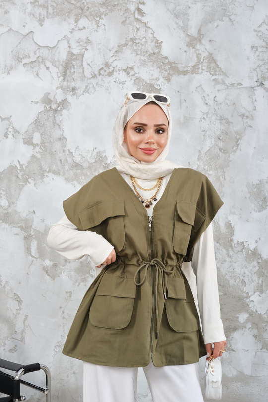 Kordon Detay Gabardin Bel Bağlamalı Yelek Haki Yeşil