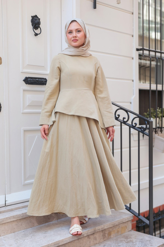 Kraş Etekli Keten Elbise Küf Yeşil