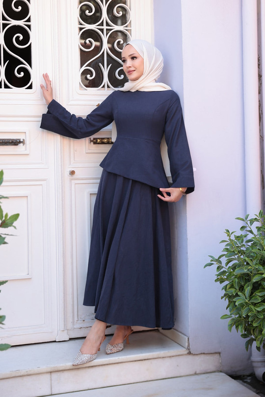 Kraş Etekli Keten Elbise Lacivert