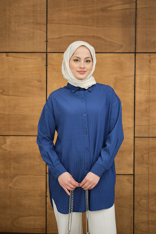 Krinkıl Kumaş Düğme Detay Gömlek Lacivert