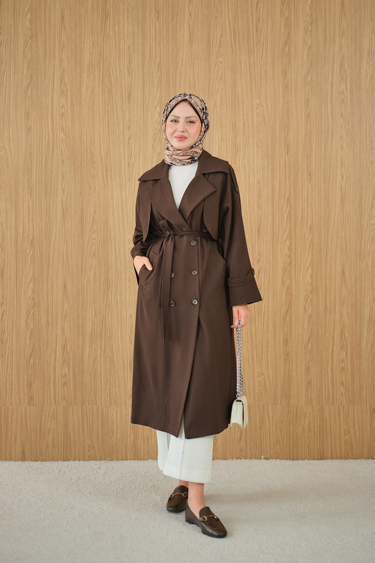 Kruvaze Yaka Bel Bağlamalı Çift Cepli Trenç Kahverengi