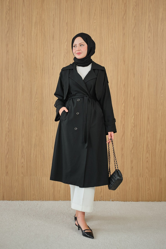 Kruvaze Yaka Bel Bağlamalı Çift Cepli Trenç Siyah