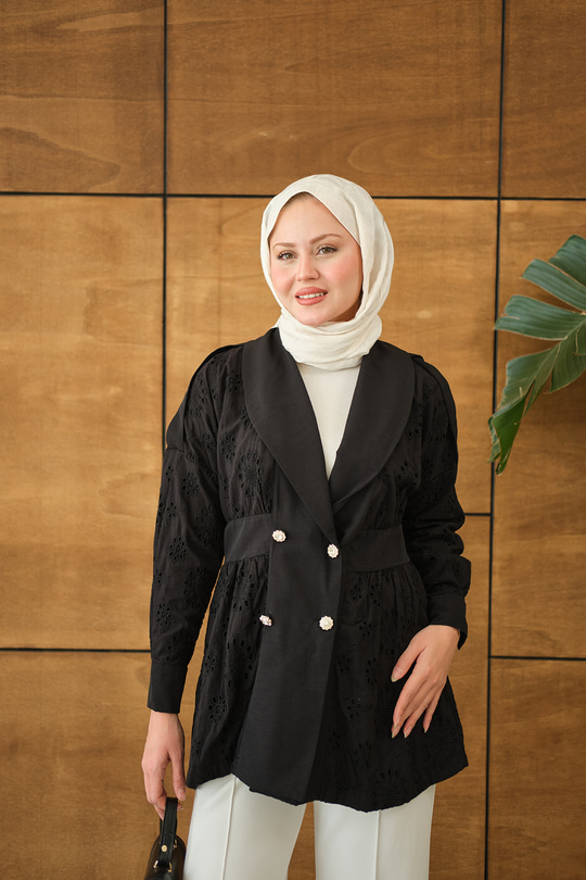 Kruvaze Yaka Brode Detaylı Apoletli Ceket Siyah