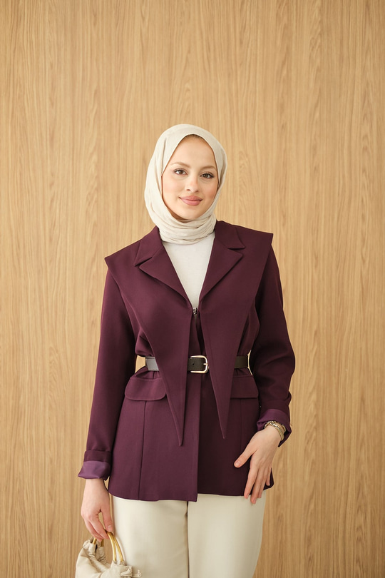 Kruvaze Yaka Cep Detay Ceket Mürdüm