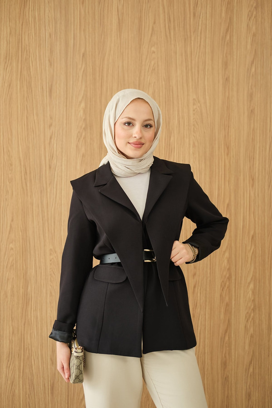 Kruvaze Yaka Cep Detay Ceket Siyah