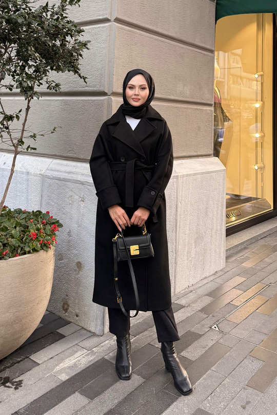 Kruvaze Yaka Kaşe Kaban Siyah