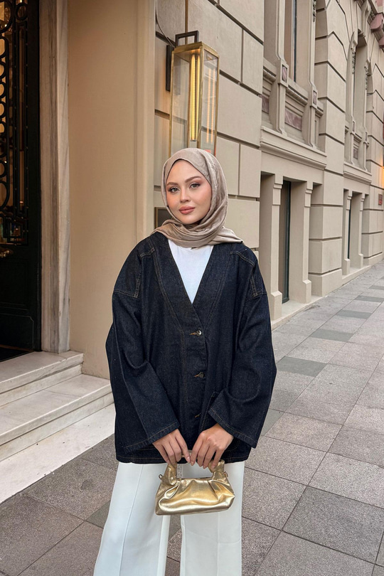 Kruvaze Yaka Kot Ceket Koyu Mavi