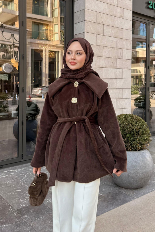 Kruvaze Yaka Peluş Ceket Kahverengi