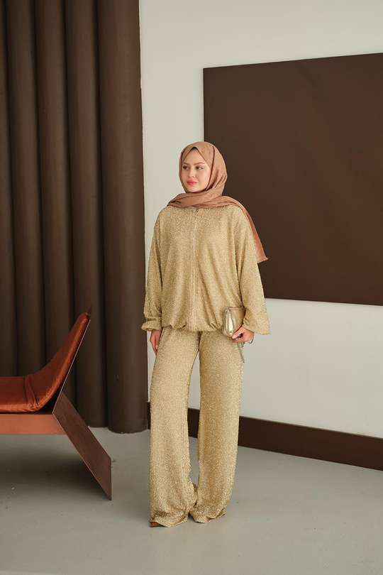 Küçük Boncuk Detaylı İkili Takım Sarı