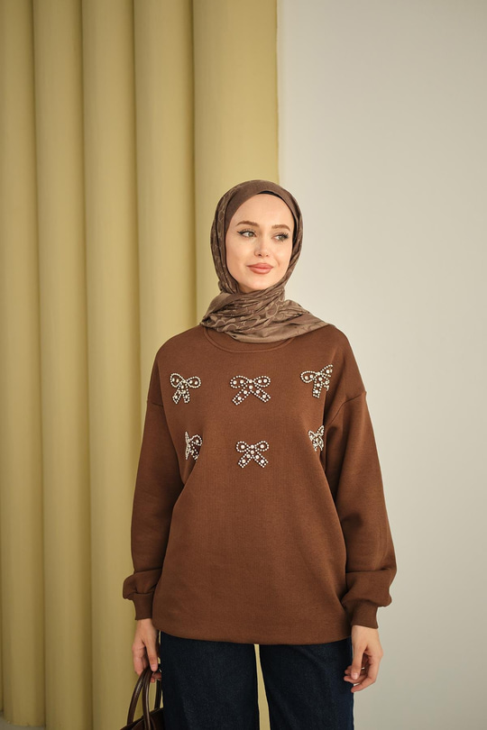 Kurdelesi Taş Detay Sweat Kahverengi