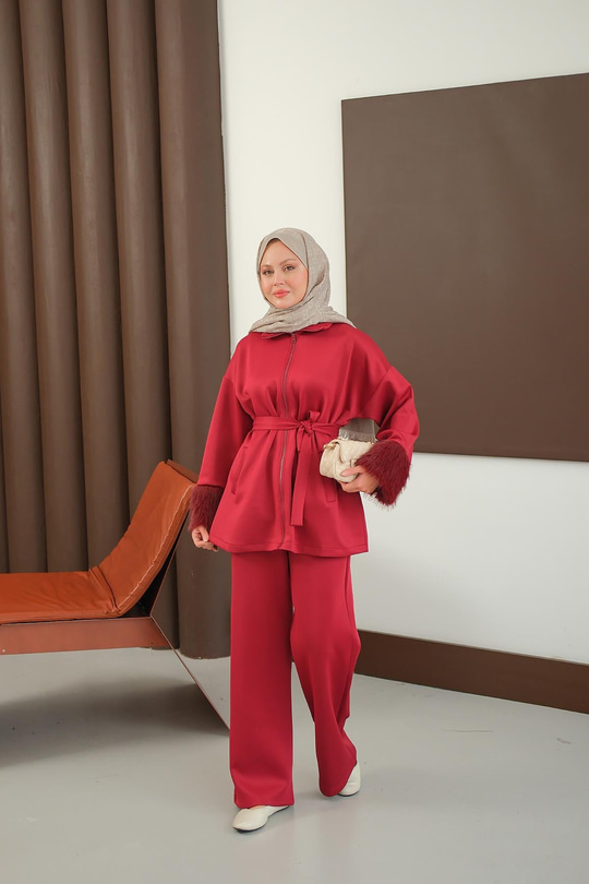 Kürk Detay Bel Bağlamalı Takım Bordo