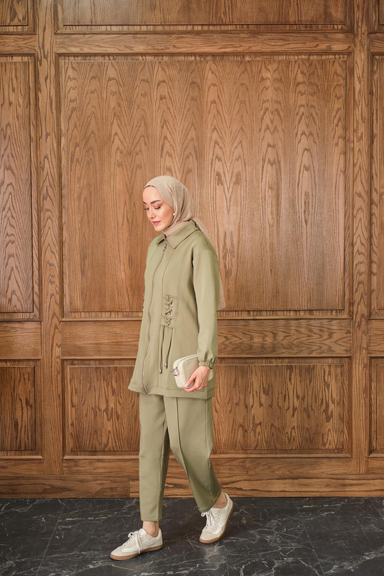 Kuş Gözü Detaylı Takım Fıstık Yeşil