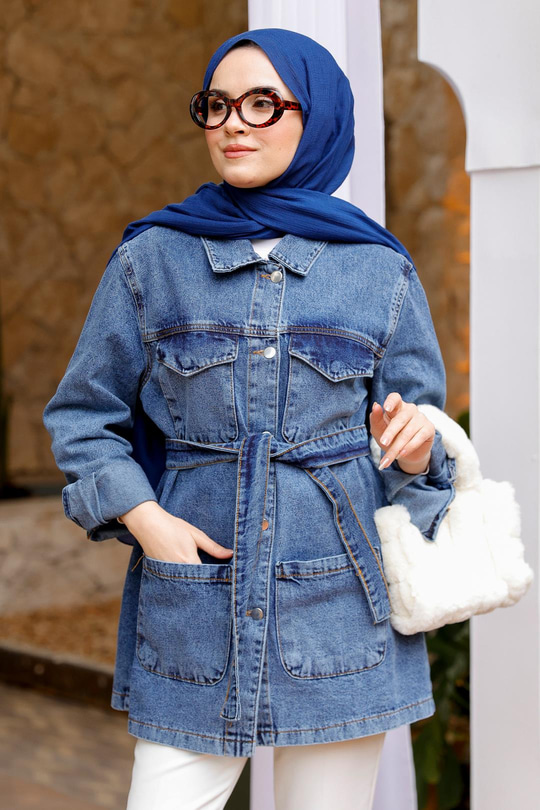 Kuşaklı Eskitme Kot Ceket Mavi