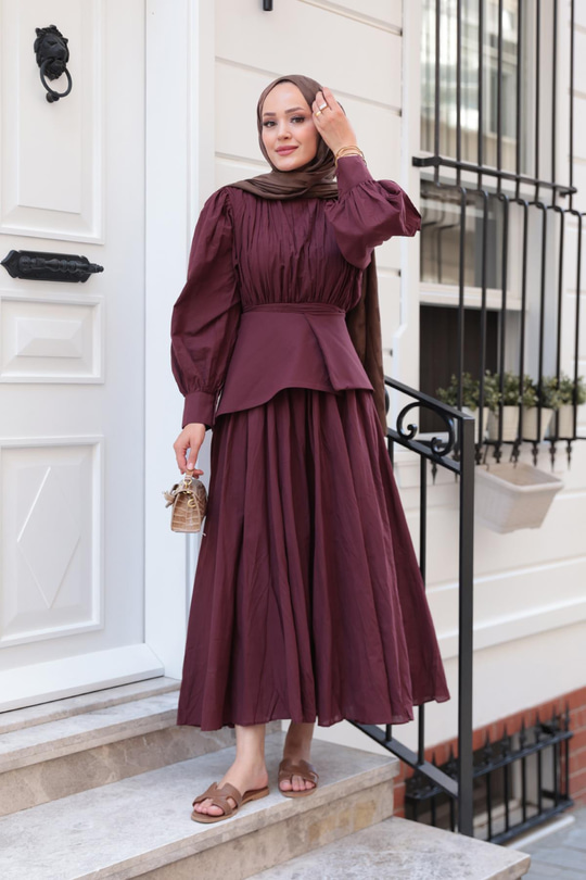Kuşaklı Kraş Elbise Bordo