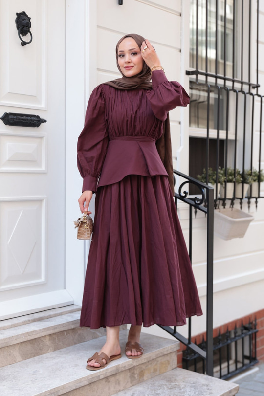 Kuşaklı Kraş Elbise Bordo