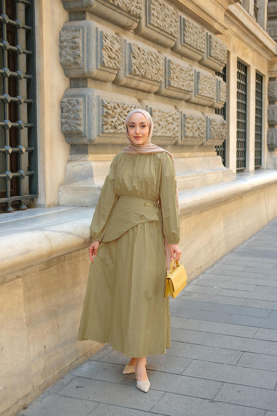 Kuşaklı Kraş Elbise Yağ Yeşil