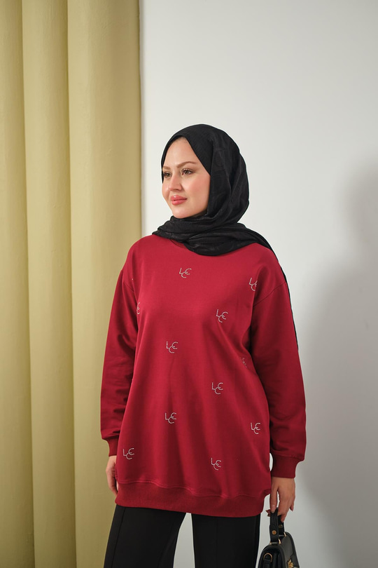 LCC Taş Detay Bisiket Yaka Sweat Bordo