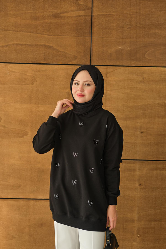 LCC Taş Detay Bisiket Yaka Sweat Siyah