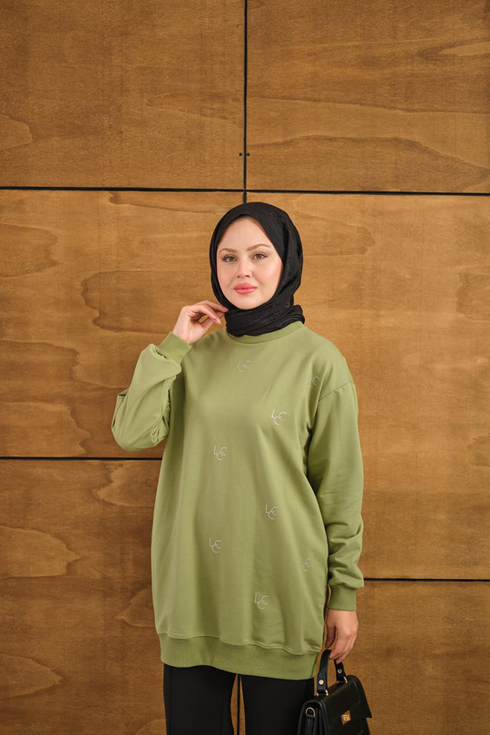 LCC Taş Detay Bisiket Yaka Sweat Yeşil