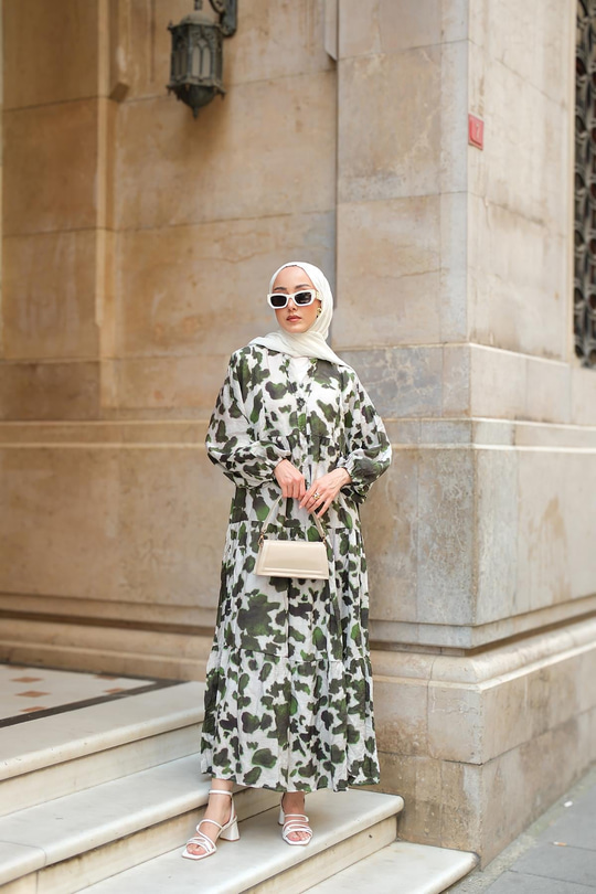 Leopar  Desenli Elbise Yeşil