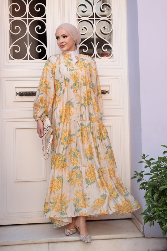 Limon Ağacı Desenli Elbise Sarı
