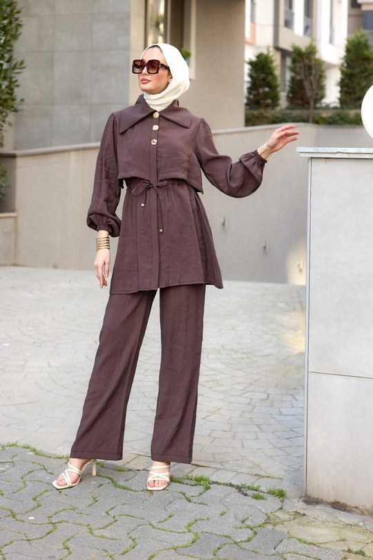 Mely Asimetrik Yakalı Alerli Takım Kahverengi