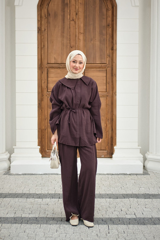 Mendil Yaka Bel Bağlamalı Takım Mürdüm