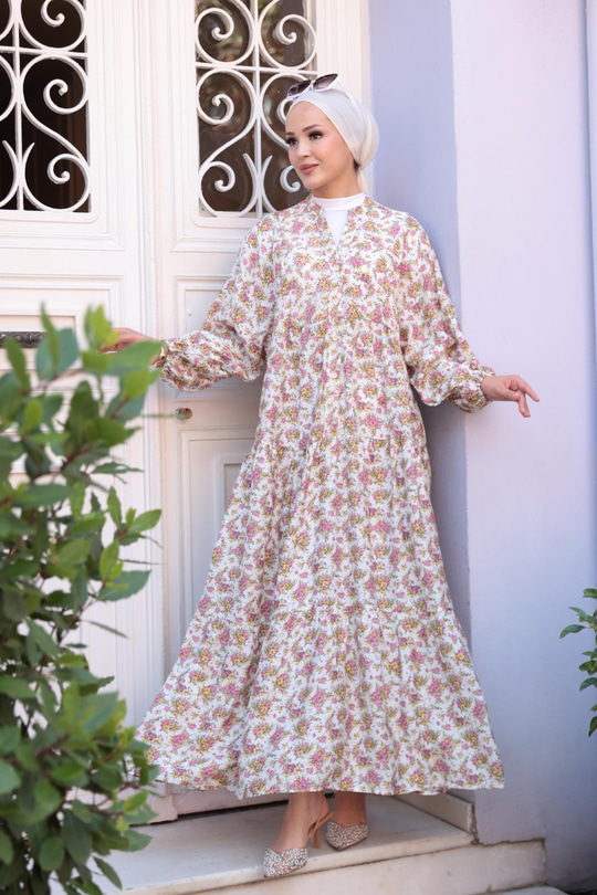 Menekşe Desen Elbise Beyaz
