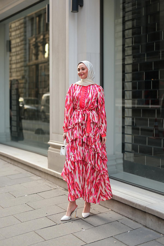 Mirami Desenli Jakar Elbise Kırmızı