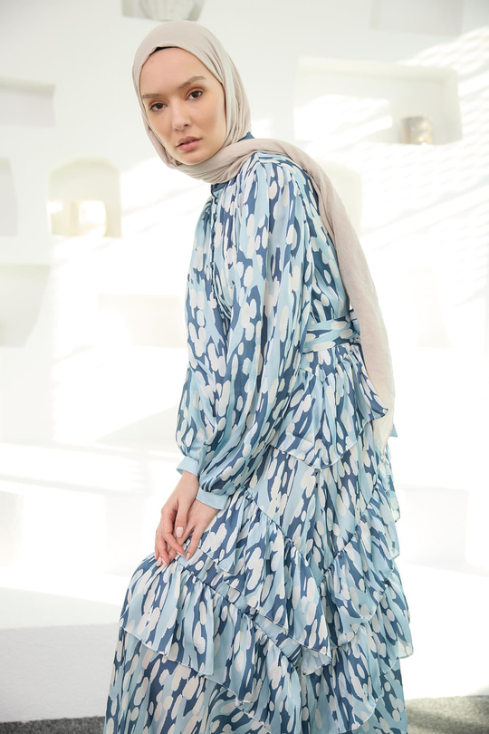 Mirami Desenli Jakar Elbise Mavi