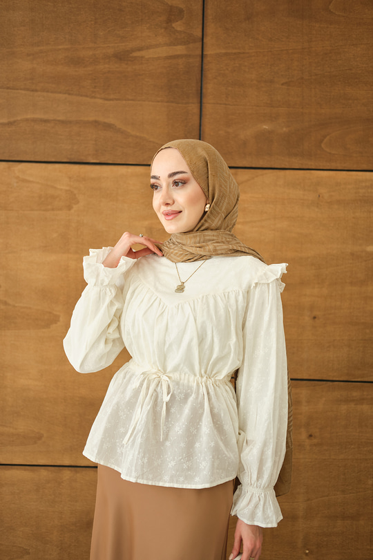 Nakış Desen Brode Gömlek Ekru