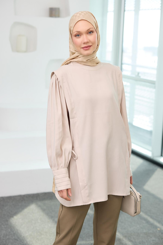 Nervur Detay Cupra Tencel Tunik Krem