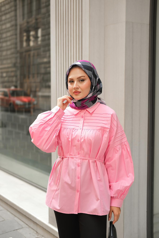 Nervur Detaylı Poplin Gömlek Pembe