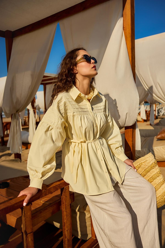 Nervur Detaylı Poplin Gömlek Sarı