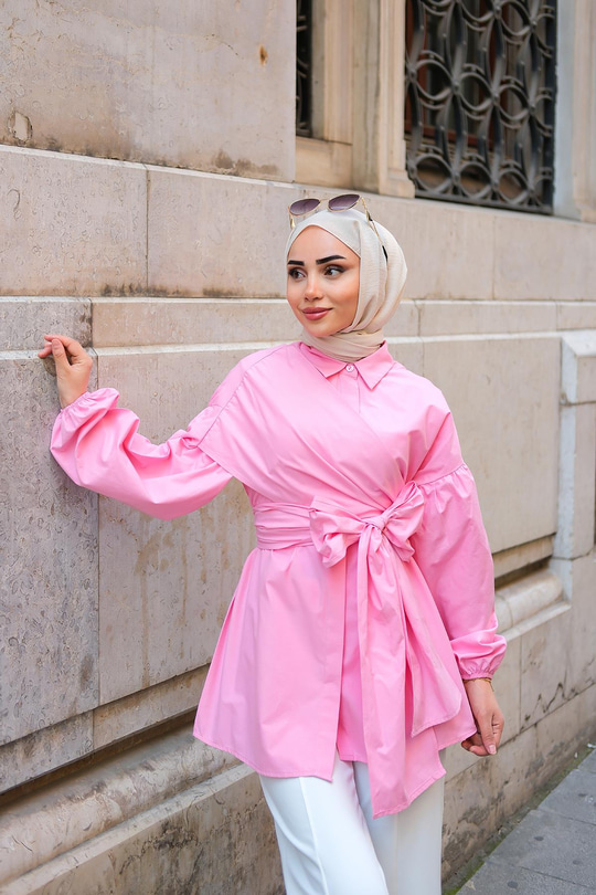 Omuz Bağlamalı Poplin Gömlek Pembe
