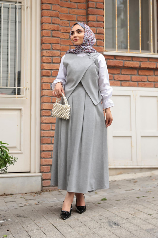 Omuz Düğme Detaylı Takım Açık Gri