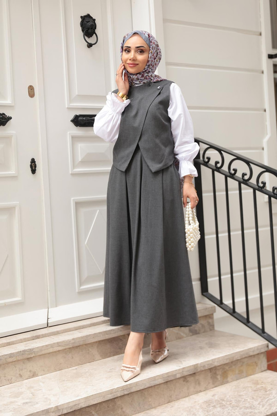 Omuz Düğme Detaylı Takım Gri