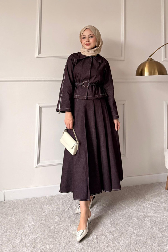 Omuz Fermuar Detay Bel Bağlamalı Etekli Kot Takım Mürdüm