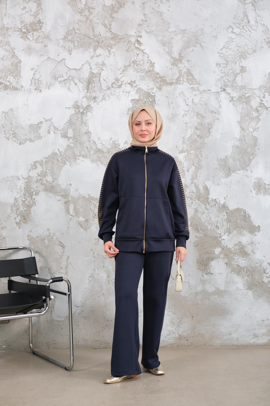 Omuz Gold Drop Detay Önü Cepli Fermuar Detay Takım Lacivert