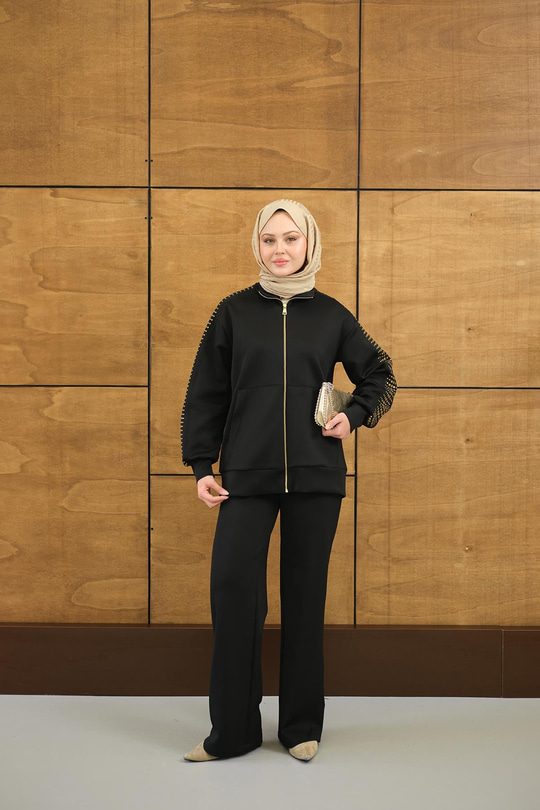 Omuz Gold Drop Detay Önü Cepli Fermuar Detay Takım Siyah