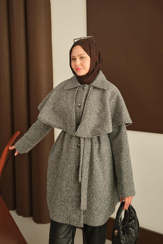 Omuz Pelerinli Peluş Kaşe Kaban Gri
