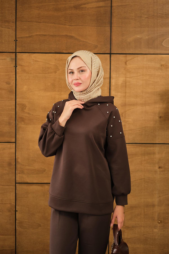 Omuz Taş Detay Kapüşonlu Takım Kahverengi