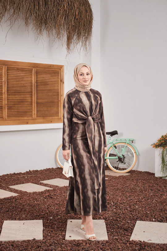 Ön Bağlama Detay Şifon Elbise Kahverengi