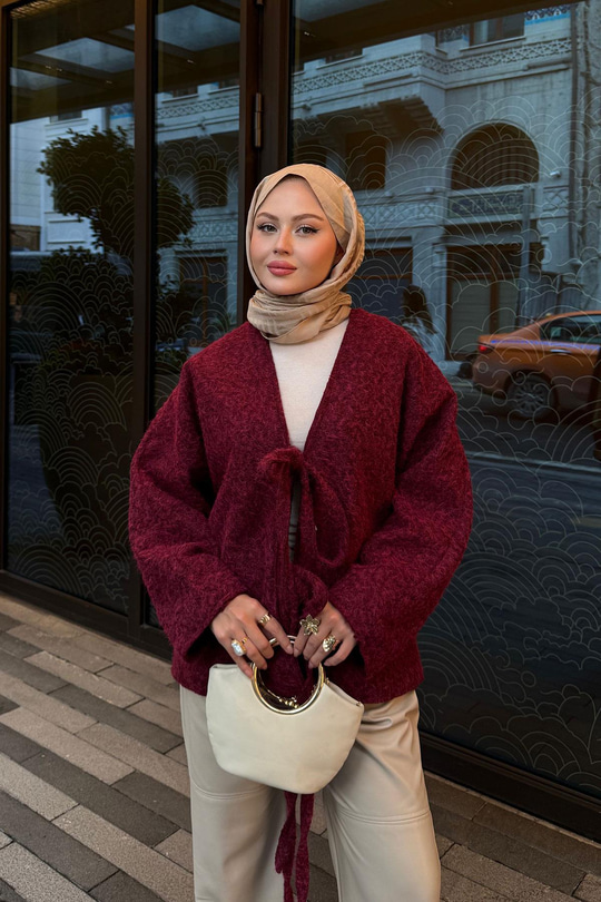 Ön Bağlamalı Buklet Kumaş Ceket Bordo