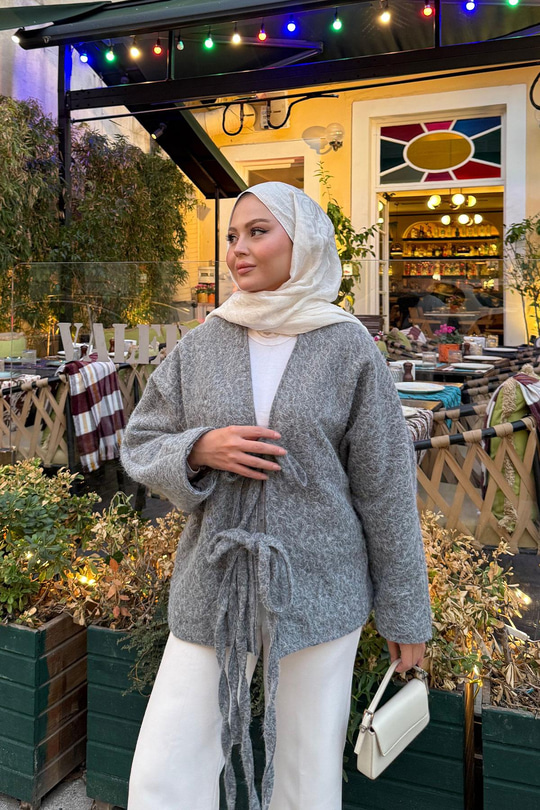 Ön Bağlamalı Buklet Kumaş Ceket Gri