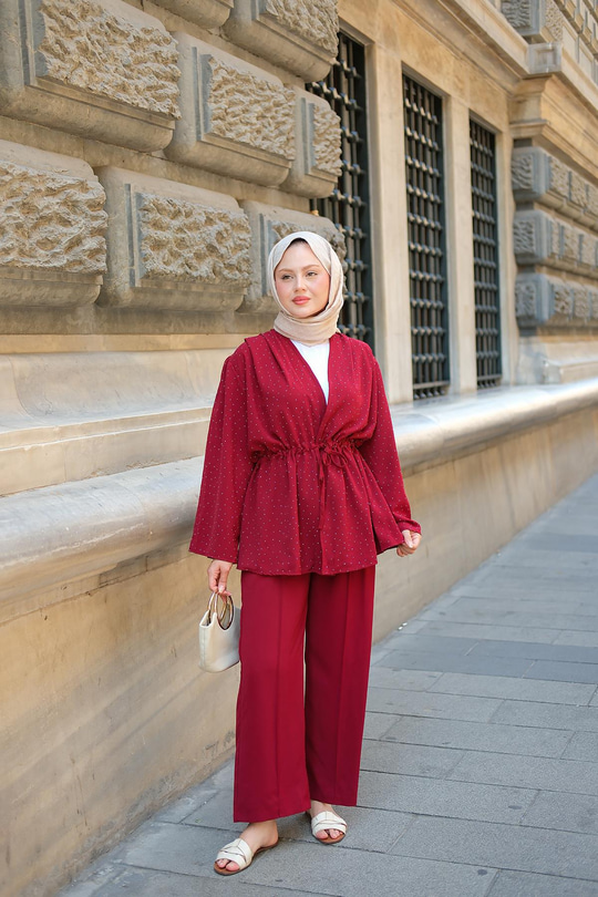 Ön Bağlamalı Taş Detay İkili Takım Bordo